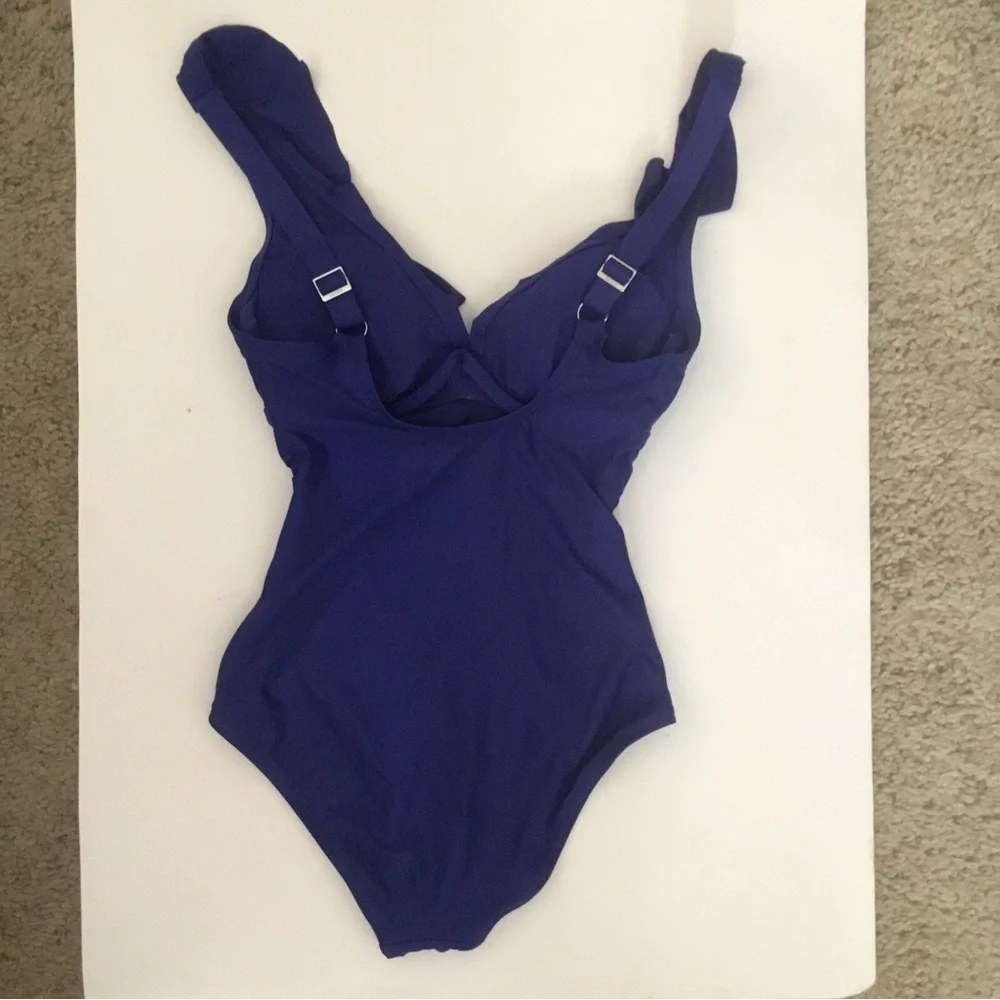 DKNY XS One Piece Blue Bathing Suit Underwire Ruching Swimsuit Swim Ruffle NWOT - Picture 3 of 13